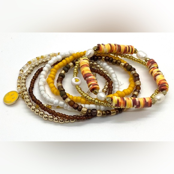 Brown Yellow Gold White Beaded Bracelet Set Boho-chic Coastal Cowgirl Preppy - Picture 3 of 6